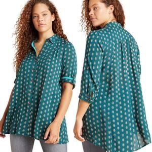 Maeve Anthropologie Teal Monika Tunic Top Women’s S Boho Roll Tab Sleeve